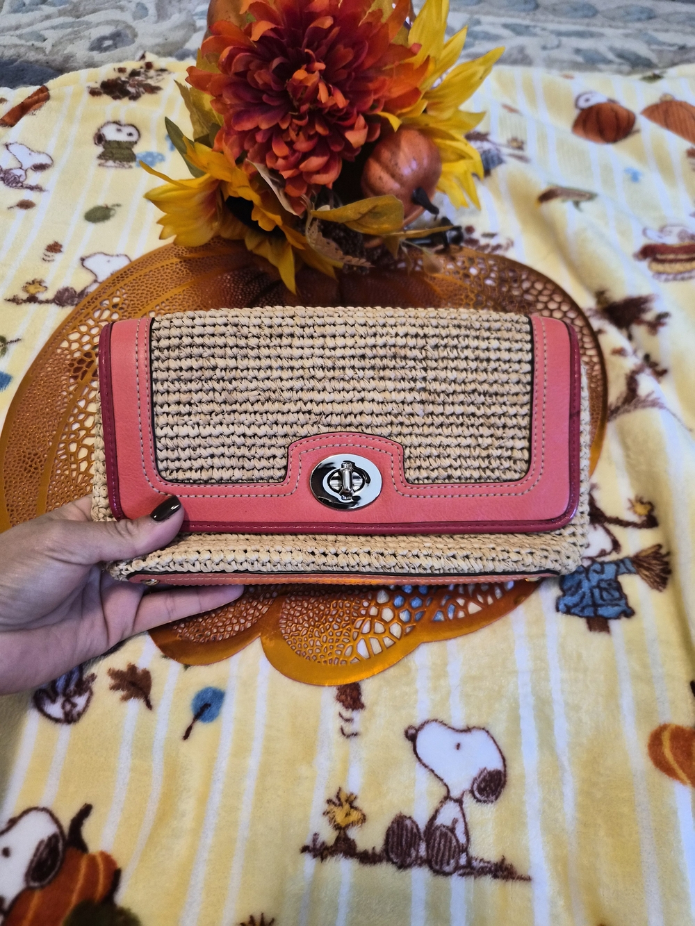 Coach Straw Wallet with Coral Trim and Turn-Lock